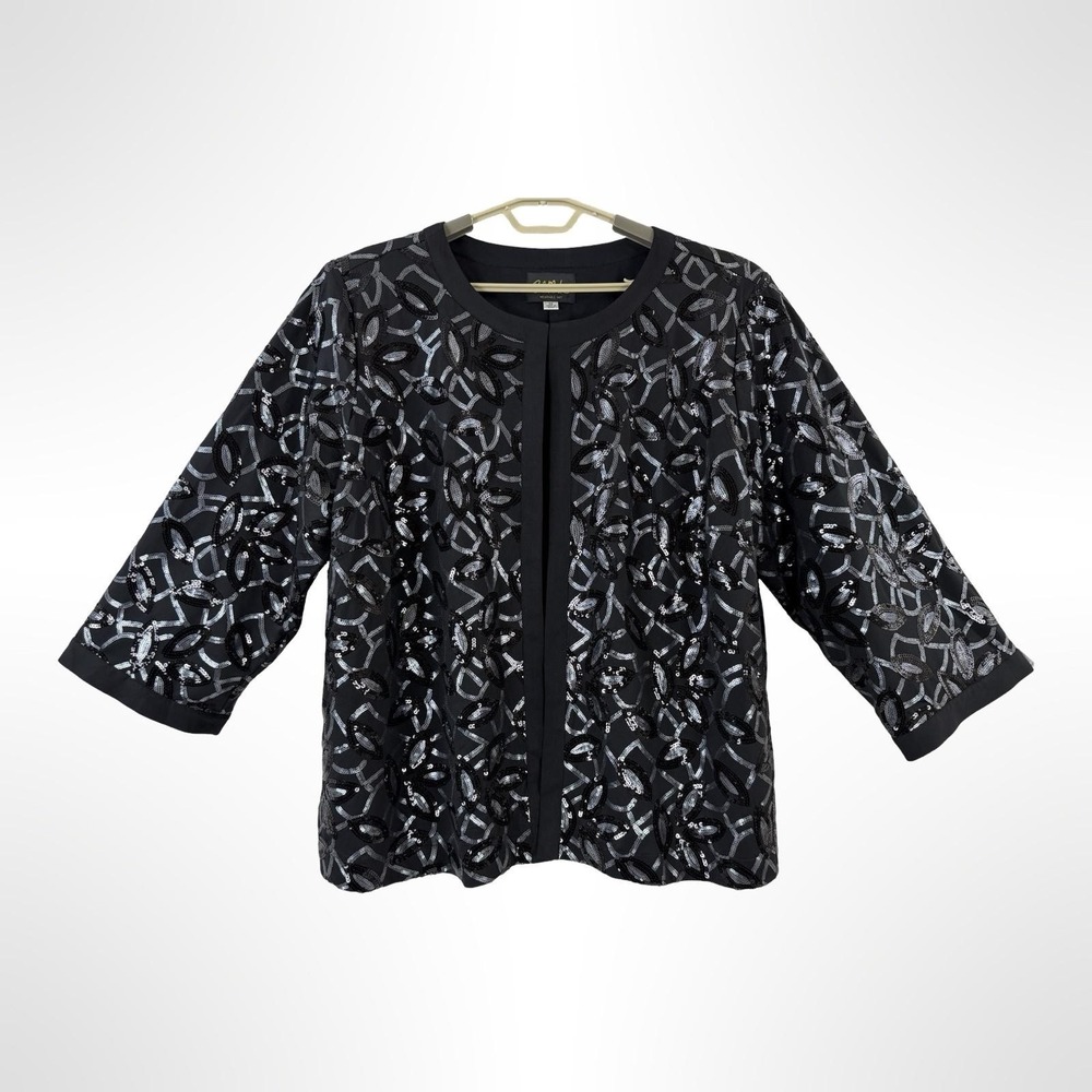 Bob Mackie Wearable Art Jacket Women's 3X Black Sequin Open Front